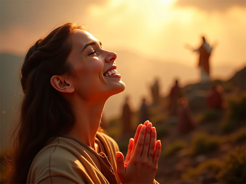 Pessoa humilde em oração com rosto voltado para o céu, demonstrando pobreza espiritual e dependência de Deus, com Jesus ensinando ao fundo na montanha durante o Sermão do Monte, iluminada por luz celestial dourada - Mateus 5:3 bem-aventurados os pobres em espírito