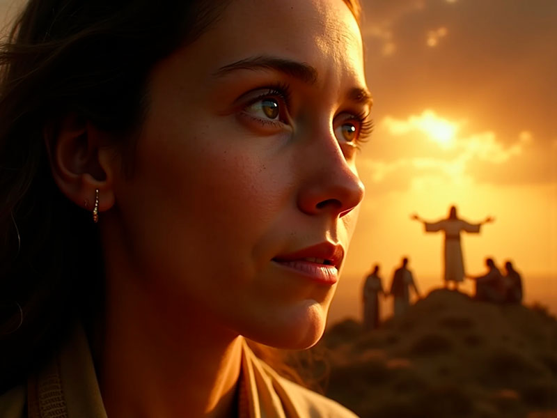 A Bíblia Comentada, Pessoa com lágrimas nos olhos recebendo consolação divina, representando a segunda bem-aventurança de Mateus 5:4 sobre os que choram sendo consolados, com Jesus oferecendo conforto ao fundo no monte, iluminada por luz celestial dourada